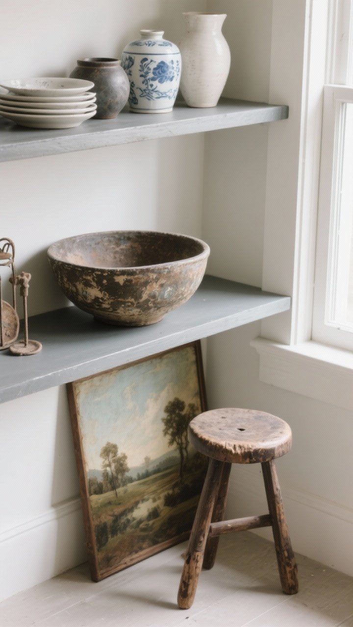 Overhead detail shot of curated vintage finds on a modern shelf: a weathered dough bowl, an old three-legged stool tucked below, a faded landscape painting leaning behind ironstone and minimal contemporary ceramics; balanced negative space to avoid clutter; soft window light; photorealistic.