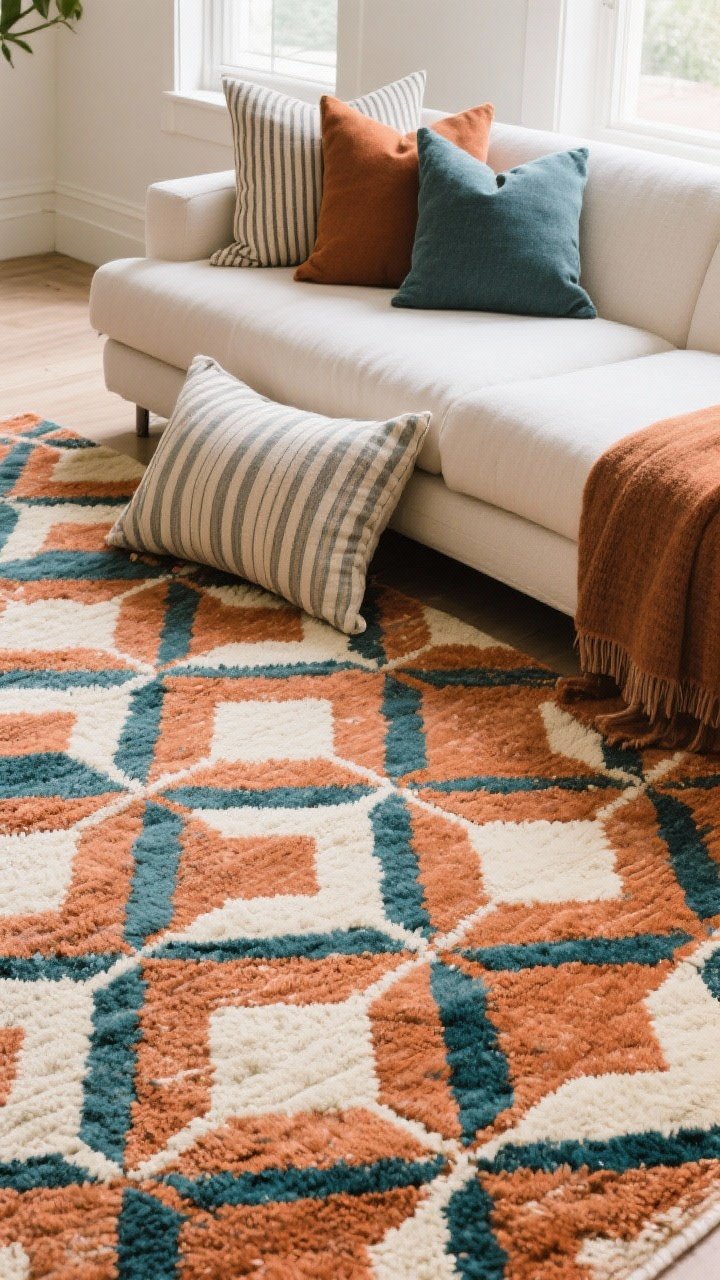 Overhead detail shot of grounded pattern mixing: a patterned rug as hero piece with geometric motifs in terracotta, cream, and deep teal; layered on top, subtle striped pillows in coordinated tones and solid linen/wool cushions to rest the eye; cohesive 2–3 color repetition, natural window light.