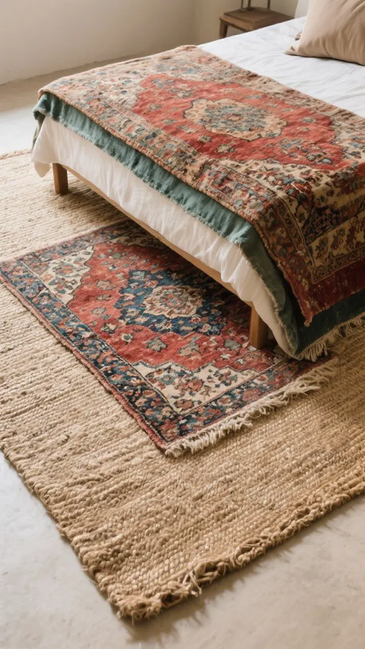 Overhead detail shot of layered rugs: a large natural jute rug as the base with a smaller timeworn Persian in faded reds, indigo, and sage layered on top, edges slightly offset. The lower legs of a bed visible to show scale, with the patterned rug pulling a hue echoed in a nearby pillow. Soft daylight grazing the rug textures, emphasizing the worn, vintage fade; no people.