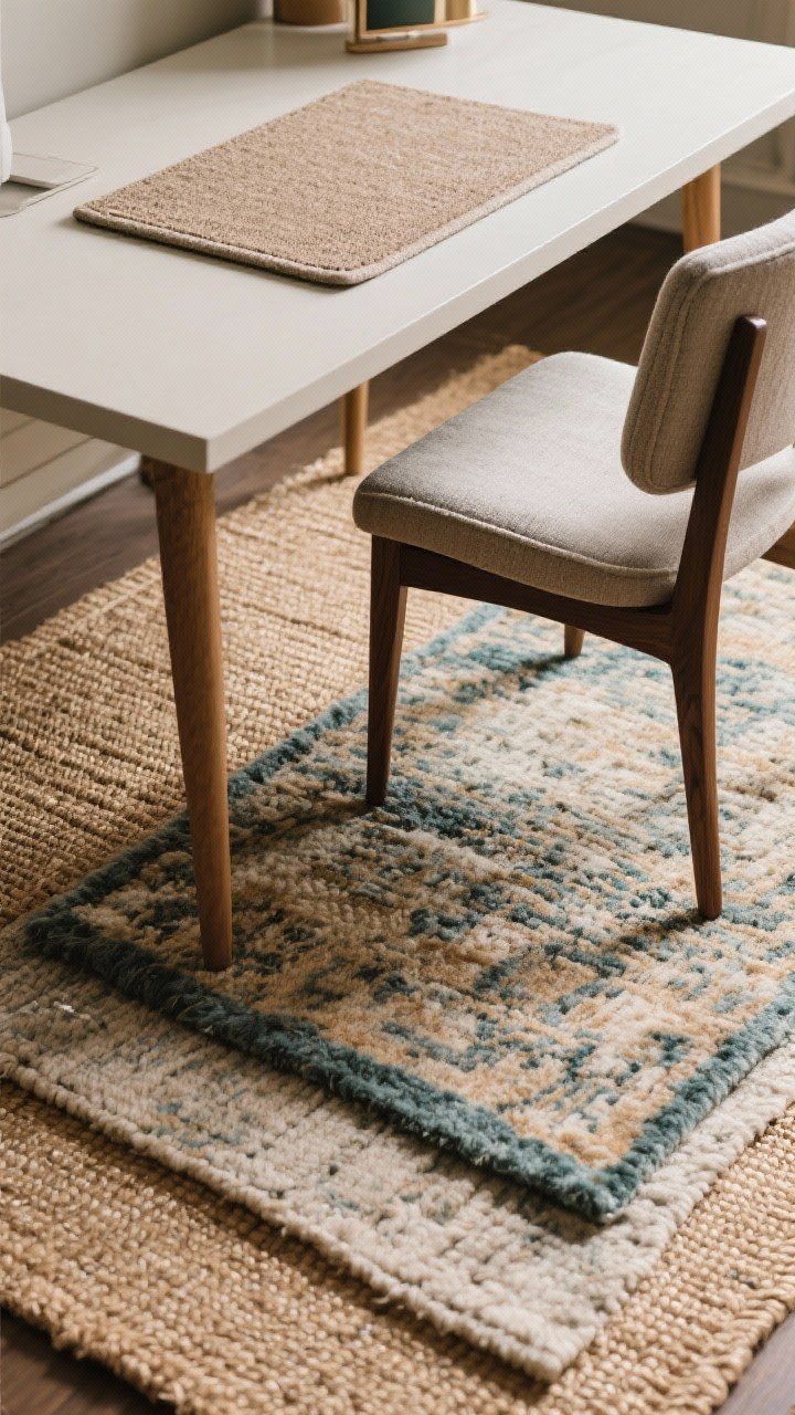 Overhead detail shot of layered rugs under a desk setup: a large low-pile jute/flatweave base anchoring the area with a smaller wool or vintage rug layered on top; the front legs of the desk and chair resting on the rugs; a subtle accent color pulled from the palette threads through the top rug; a rug pad edge just visible ensuring smooth chair movement.