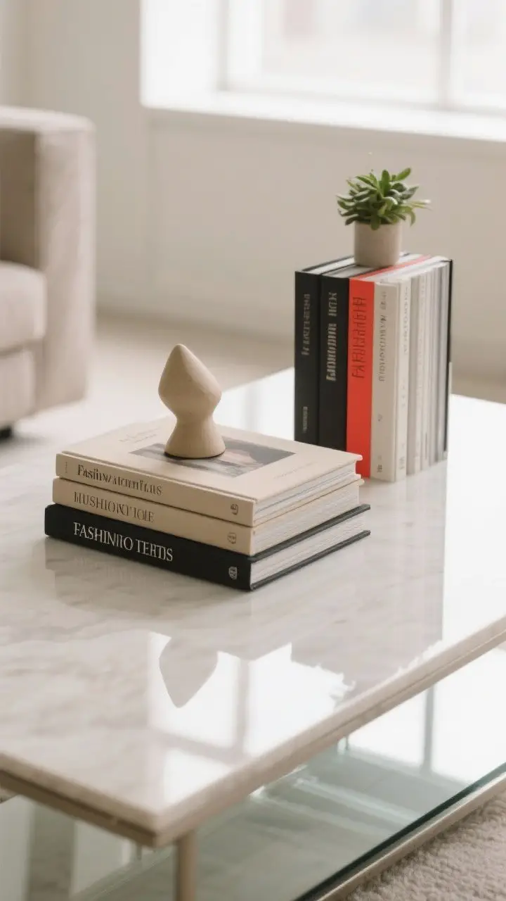 Overhead detail shot of two stacks of chunky coffee table books: one horizontal stack of neutral-toned fashion and architecture tomes with a sculptural object on top, the other a vertical stack with a tiny plant; cohesive palette of creams, charcoal, and one bold accent-color spine; clean, minimal table surface with a glass reflection; soft natural window light highlighting edges and typography.