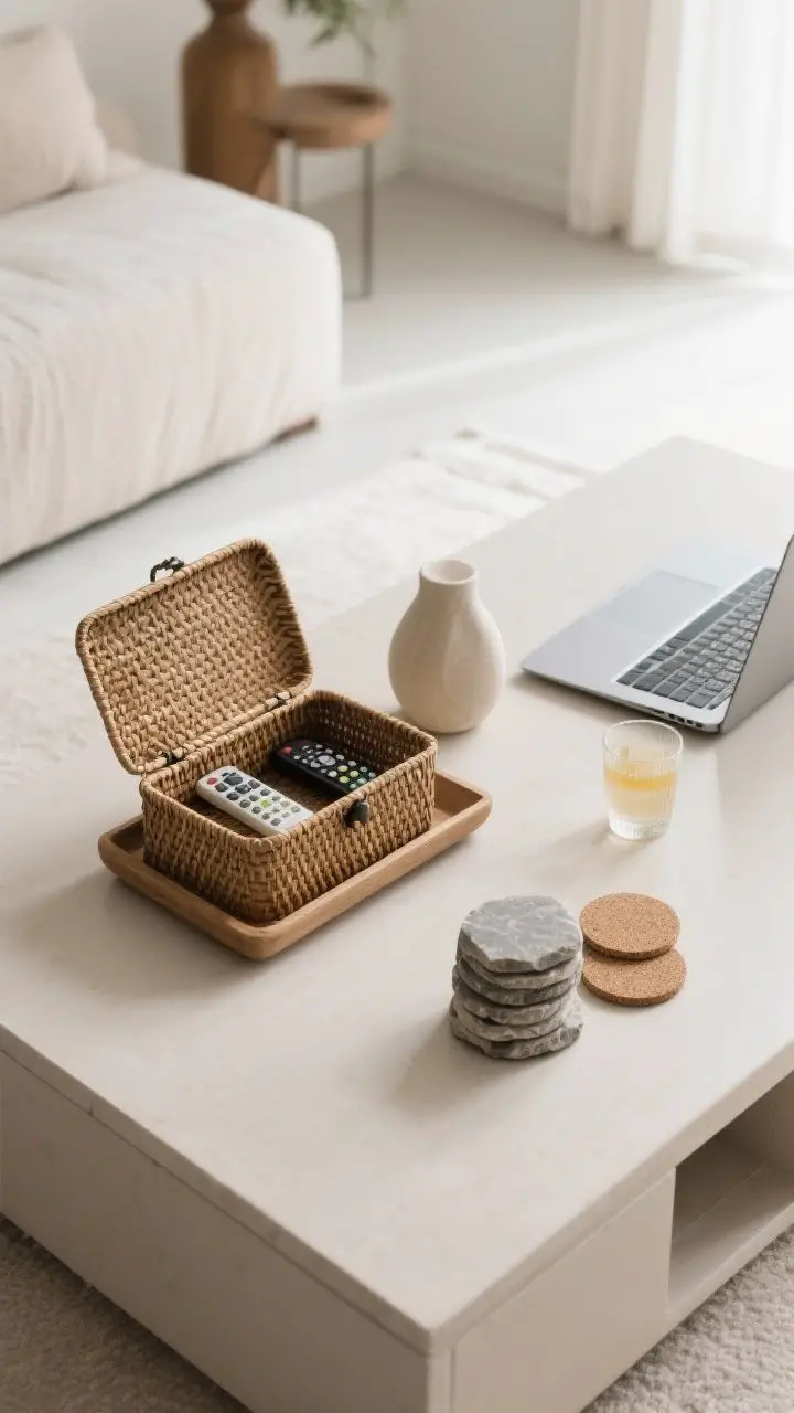 Overhead functional styling shot: a lidded rattan box on a tray concealing remotes, a neat stack of stone or cork coasters within reach, and décor shifted to one side to leave open space for a laptop and drink; clean, practical layout; soft daylight; clear visual of day-to-day usability without clutter.