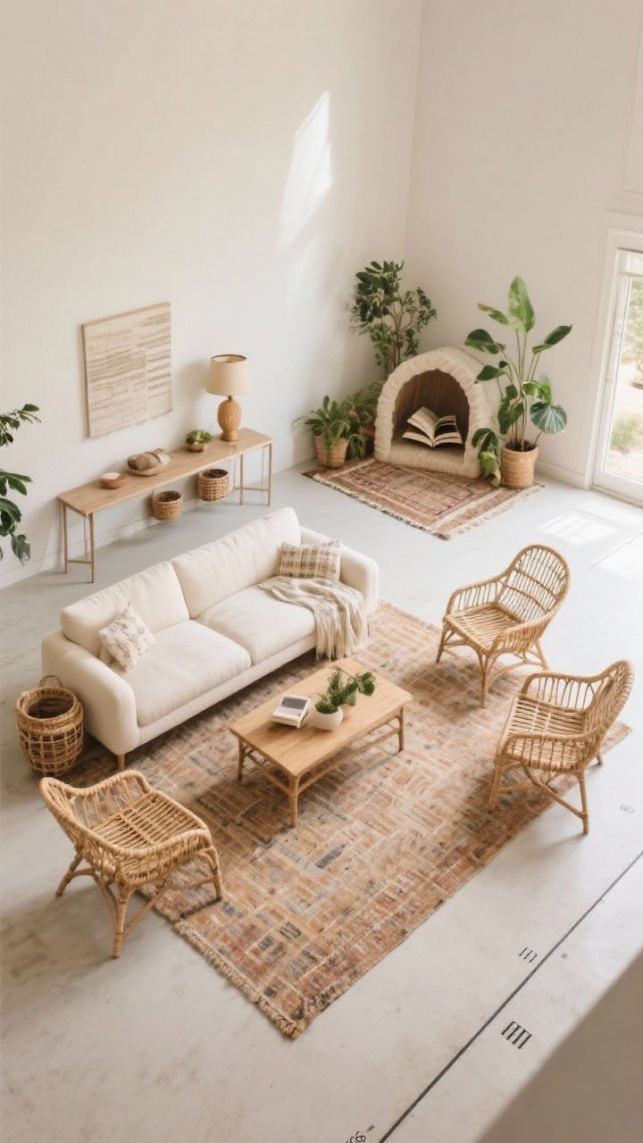 Overhead layout view of a boho living room plan: a floated cream sofa with a slim console table behind it holding a lamp and baskets; angled rattan chairs forming a conversation zone atop a defined rug; a small reading nook with its own rug and plant cluster; clear walkways of about 30–36 inches marked by open floor space; bright, diffuse daylight to clarify zoning