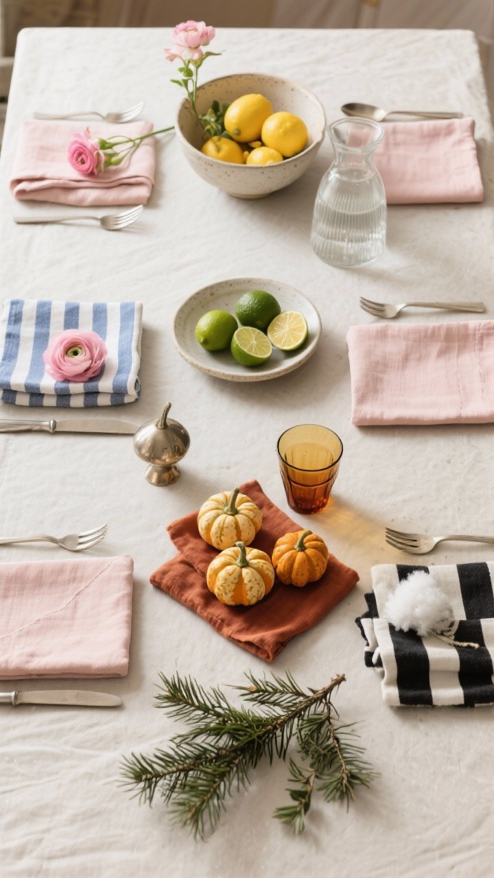 Overhead seasonal flat-lay along a neutral table: four subtle switch-ups shown in a linear progression—Spring with blush napkins, ranunculus, and pale stoneware; Summer with a bowl of lemons and limes, blue-and-white striped napkins, and a clear glass pitcher; Fall with amber glass tumblers, rust linen, and clustered mini gourds; Winter with evergreen sprigs, black-and-white linens, and metallic accents; same core table pieces for cohesion.