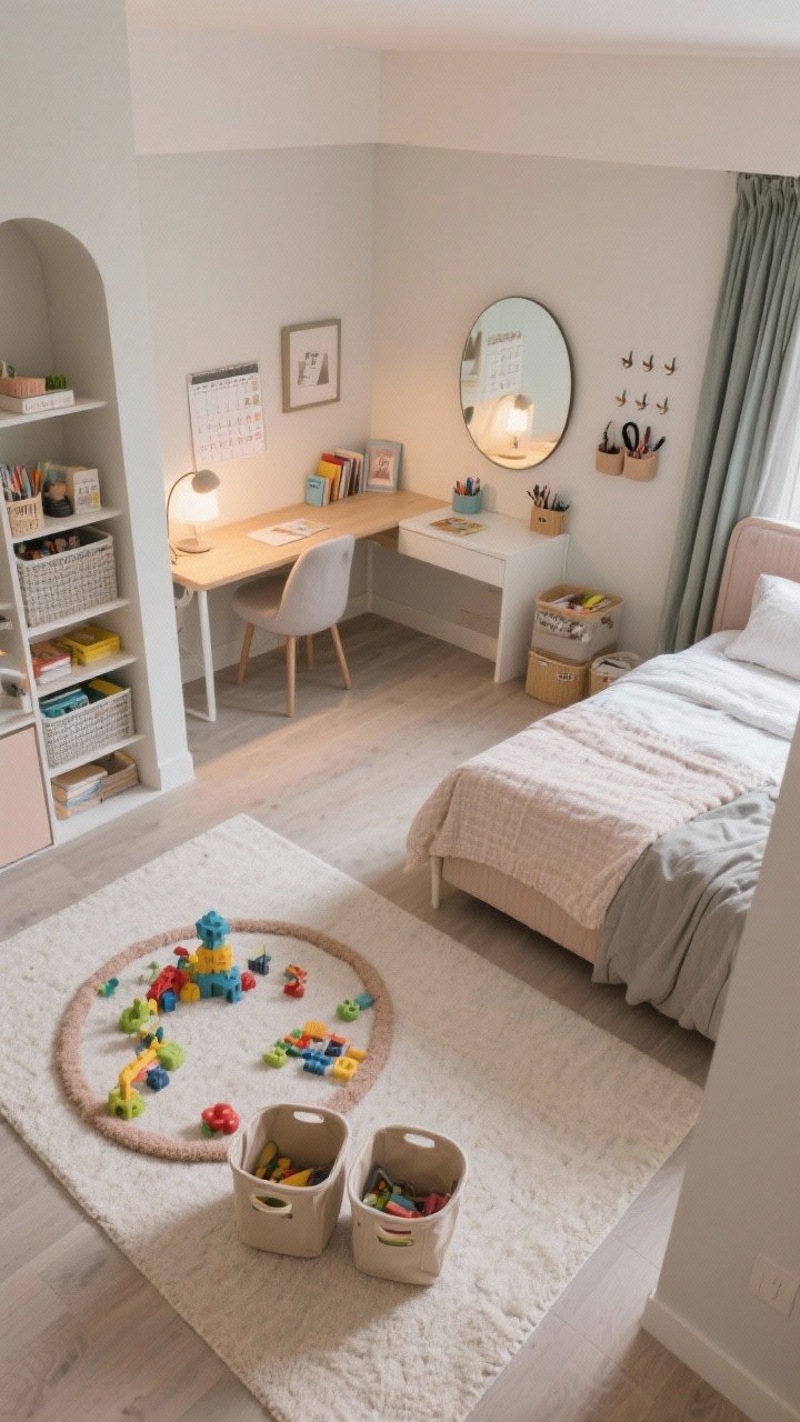 Overhead shot defining zones: area rug shaping a play zone with bins; a tidy study zone with desk, lamp, calendar, and organized supplies; a sleep zone with cozy bedding and blackout curtains; a get-ready zone with mirror, wall hooks, and a labeled caddy for hair accessories; subtle lighting variations mark each zone; calm, organized mood without people.