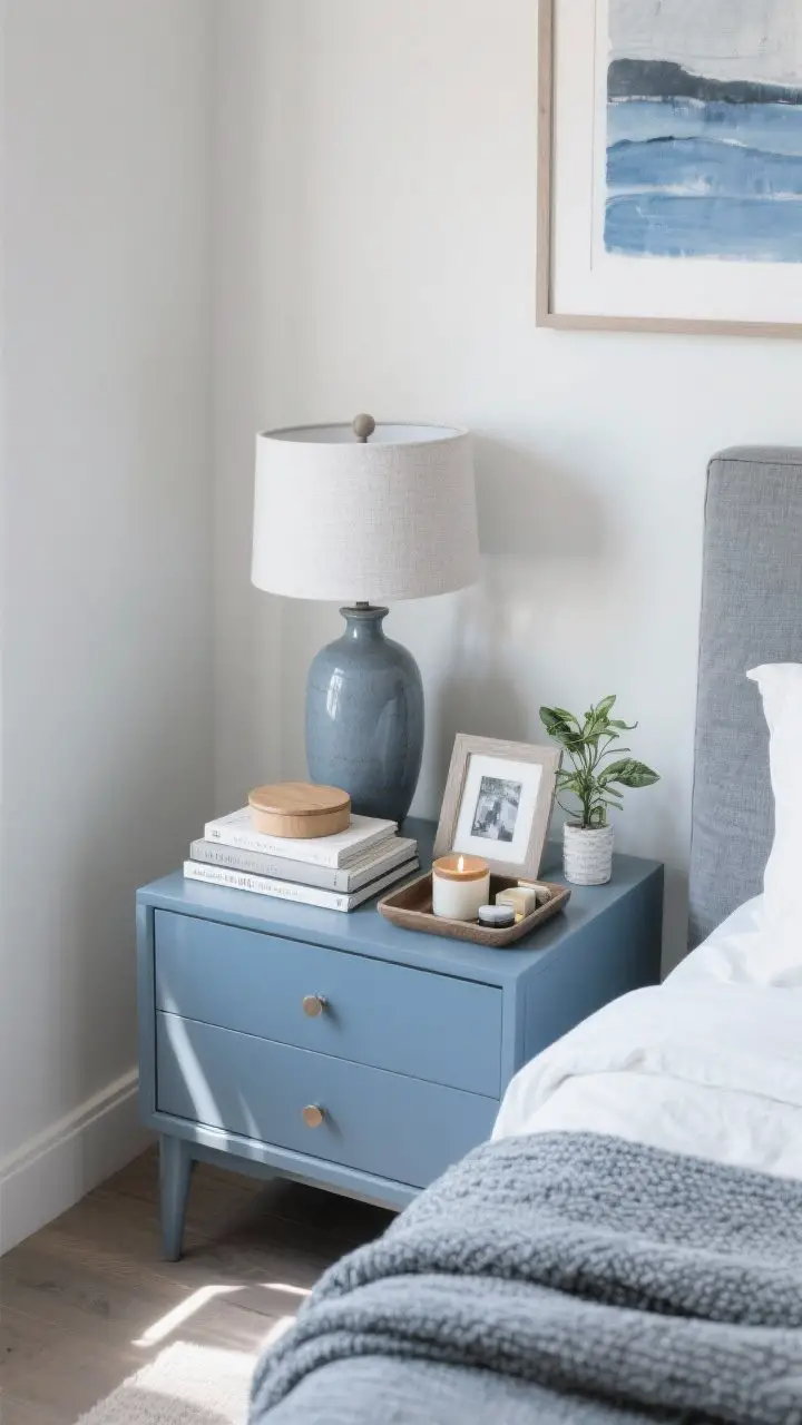 Overhead styling detail of nightstand: A tidy nightstand in a blue-and-gray scheme with a lamp, a short stack of books, a small tray corralling essentials, and a personal item like a framed photo or a tiny plant; nearby accessories echo the palette—a blue-gray ceramic vase, textured throw folded on the bed corner, and a scented candle with a wood lid; art on the wall glimpsed in frame—abstract blues or soft grayscale photography; natural daylight, crisp and calm.