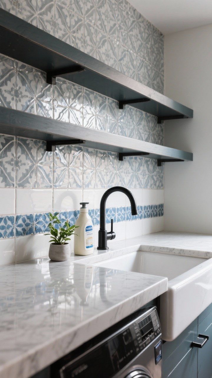 Photorealistic close/medium shot of a laundry counter and sink with a backsplash that reads like wall art: patterned encaustic tiles in soft gray and indigo running up to the bottom of floating shelves; dark grout for contrast; matte black faucet, small plant, and detergent decanter on the counter; even, flattering light reflecting off the glossy tile surface; the tiled area defines and elevates the workspace.