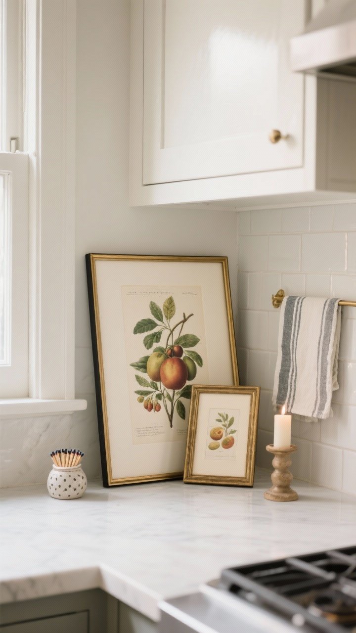 Photorealistic closeup corner vignette displaying art in the kitchen: a slim brass or black-framed food-themed print (vintage fruit or botanical illustration) leaning against the backsplash, with a tiny second frame layered in front for a small gallery moment. Add a ceramic match striker and a candle for texture. Colors in the art subtly echo dish towel or runner tones in the background. Clean counters, no upper cabinet clutter, soft daylight, fine frame detail and paper texture visible.