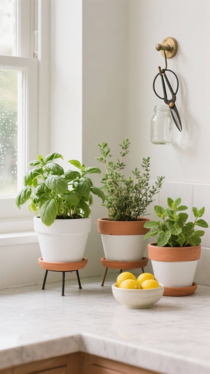 Photorealistic closeup corner vignette of a fresh herb garden moment: matching planters (choose matte white or terracotta) with lush basil, thyme, and mint. Elevate one pot on a tiny stand to vary height. Include small pruning scissors hanging from a hook or standing in a mini clear jar. Add a small bowl of bright yellow lemons nearby for freshness. Soft natural window light, subtle moisture on leaves, neutral countertop, restrained palette of white/terracotta, green, and lemon yellow.