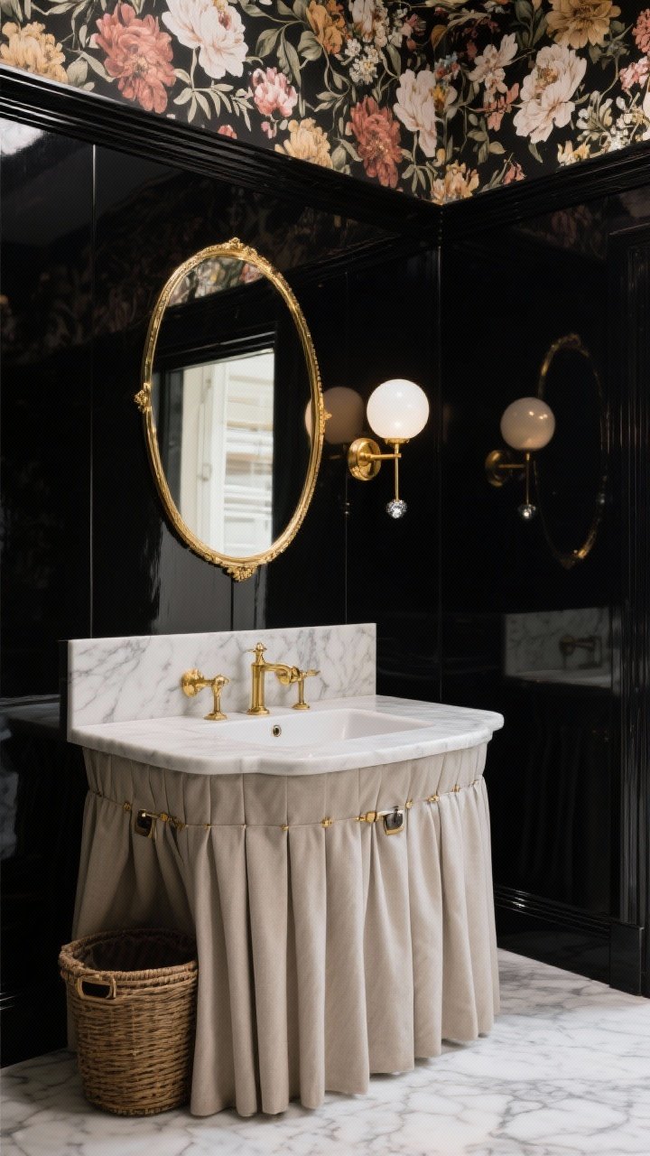 Photorealistic closeup/detail of a glam powder room vanity: high-gloss black walls reflecting light, petite marble pedestal sink. A tailored box-pleat fabric skirt in heavy linen/performance fabric wraps the sink, hiding a compact hamper basket; show discreet magnetic closures along the pleats. Gilded oval mirror and brass sconce with opal globes sparkling; dramatic floral wallpaper on the ceiling glimpsed at the top edge. Palette: glossy black, white marble, antique brass, bold floral pops. Intimate, jewel-box lighting.