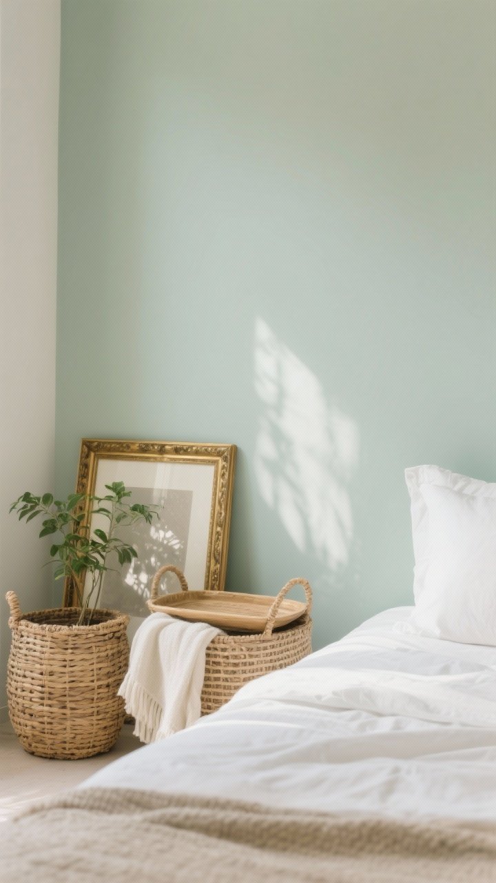 Photorealistic closeup detail of a soft sage serenity wall with warm white bedding in front; natural textures grouped nearby: rattan basket, woven tray, cotton throw; small plant casting a gentle shadow; antique gold picture frame leaning against the wall; bright but not harsh daylight showing the calm, spa-like freshness; shallow depth of field highlighting texture
