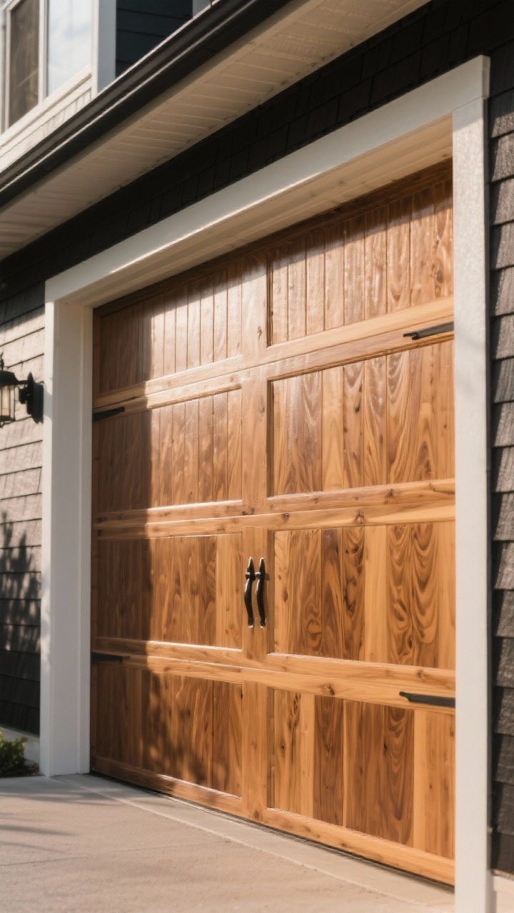 Photorealistic closeup detail of a warm wood-look garage finish: medium walnut/cedar tone with visible grain; if faux, show subtle glazing striations from a graining tool over tan base; if real, a gentle sheen from exterior spar urethane topcoat; surrounding black/charcoal/white exterior elements for contrast; soft morning light highlighting texture.