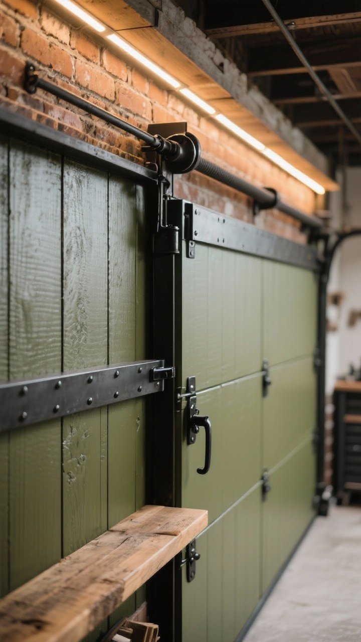 Photorealistic closeup detail of an olive drab garage door section styled for rugged workshop energy: matte black hardware, galvanized metal elements, raw wood shelf edge visible; dust-hiding, durable look; warm LED strip lighting in the soffit casting a functional glow; board-and-batten or brick detail soft-focused in background.