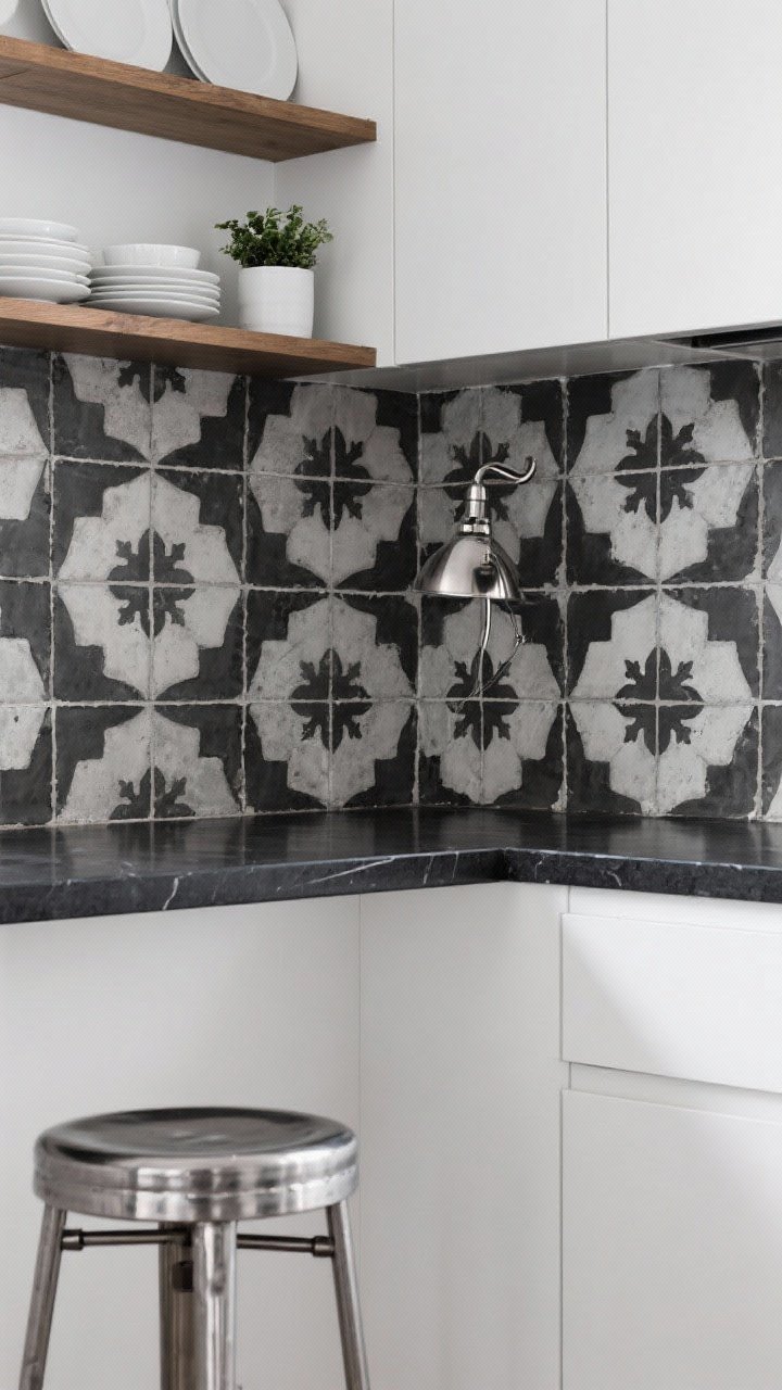 Photorealistic closeup detail of black-and-white patterned cement tiles in a classic monochrome motif as backsplash, showing matte texture and subtle variation. Adjacent elements: matte white cabinetry edge, black quartz counter, brushed nickel fixture neck visible. Minimal open shelf above with a row of white dishes and a small greenery moment, plus a chrome cafe stool edge in foreground. Graphic yet grounded mood.