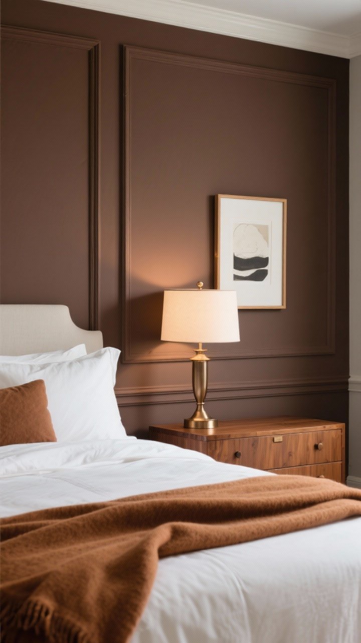 Photorealistic closeup detail of cocoa truffle walls with picture-frame molding painted the same color for subtle depth; cream bedding folded back, caramel throw casually draped, bronze lamp base catching warm light; artwork with soft whites and charcoals leaned on a warm wood dresser; soft, even lighting to showcase the rich, milk-chocolate tone with a hint of gray