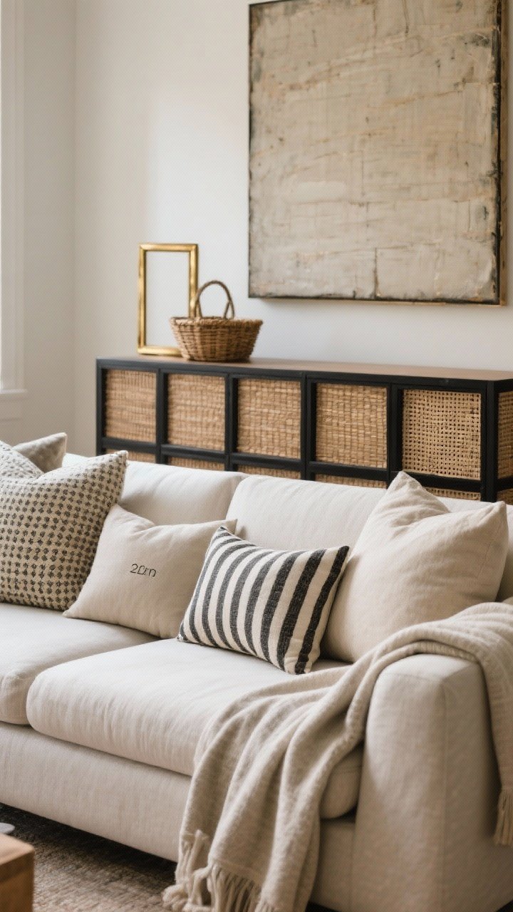 Photorealistic closeup detail of finishing layers on two couches: pillows in varying sizes—22-inch, 20-inch, and a lumbar—mixing solids, small patterns, and one graphic stripe; throws draped casually over opposite arms for balance; backdrop shows one large art piece above the longer couch; repeated material motif across both sides (rattan basket, brass frame, black frames in a tight grid); soft natural light highlighting fabric textures without clutter; intimate, curated vibe