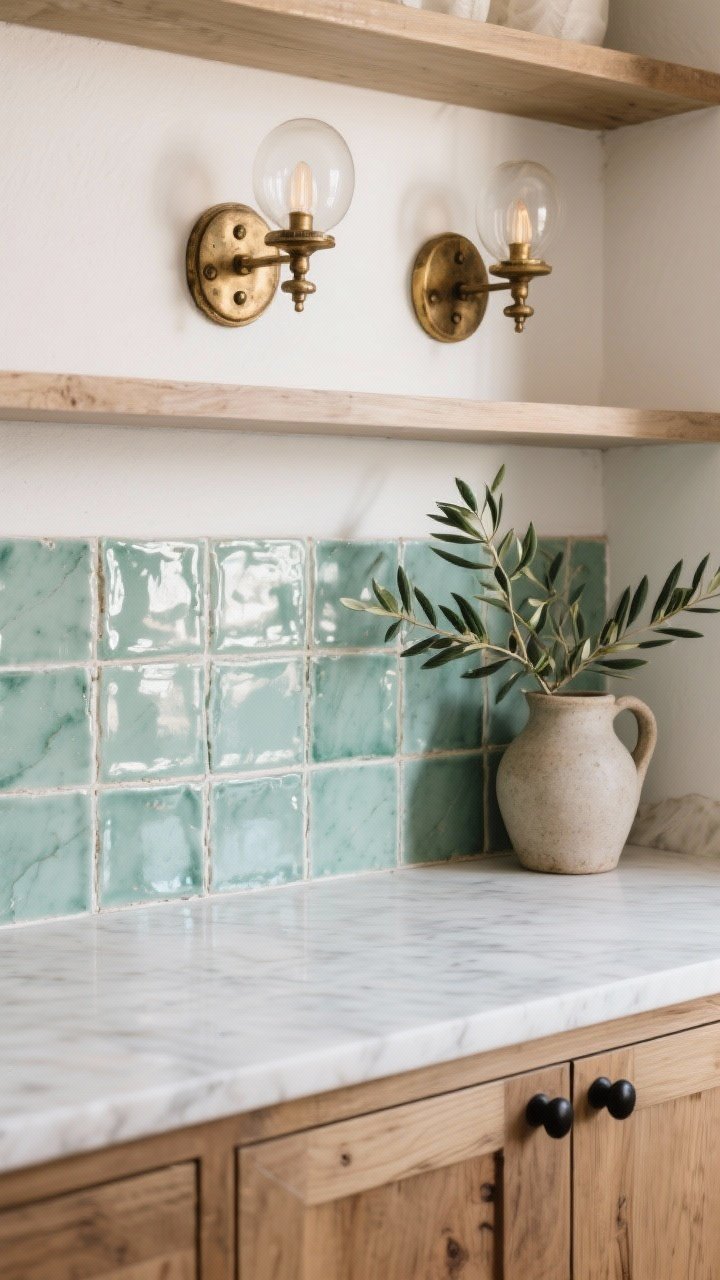 Photorealistic closeup detail of handmade 4x4 zellige tiles in misty sea-glass green, showing natural variation and glossy shimmer. Edge of natural oak cabinetry with matte black pulls visible at bottom, thick white marble-look counter in frame. Include a portion of open shelving above with a pair of aged brass sconces casting a warm layered glow, and olive branches in a stoneware pitcher. Soft, Mediterranean calm lighting.