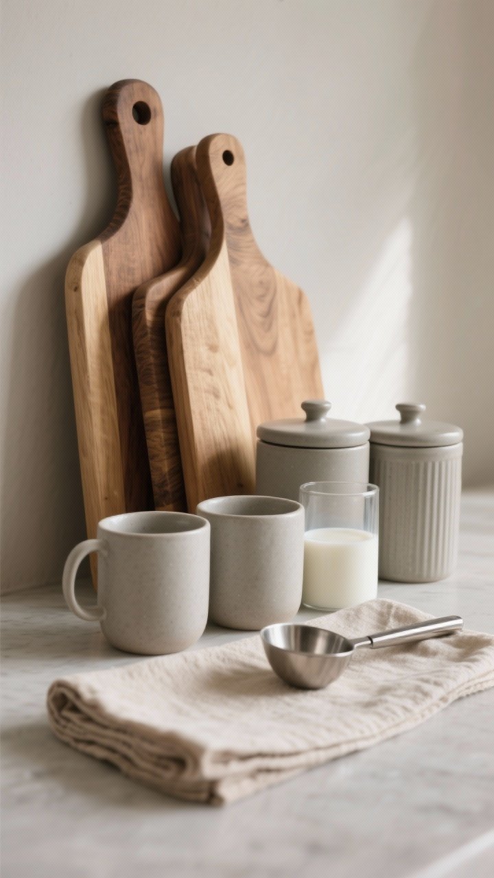 Photorealistic closeup detail of layered textures: a stack of warm wood cutting boards leaning as a backdrop, matte ceramic mugs and canisters in soft gray and sand, a brushed stainless steel scoop and milk pitcher catching gentle light, and a folded natural linen towel acting as a mini runner. Shallow depth of field, side lighting emphasizing grain, matte, and brushed finishes.