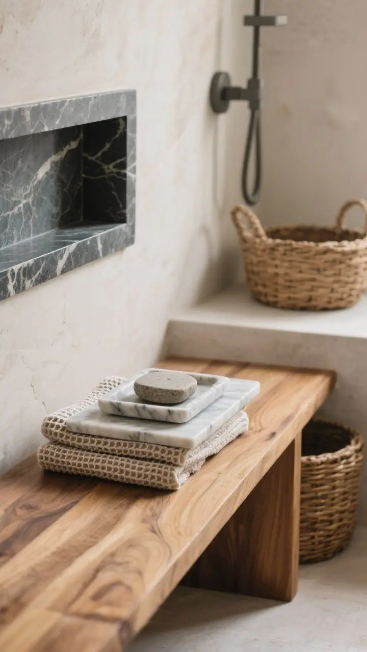 Photorealistic closeup detail of natural materials: a teak shower bench beside a slate accent shelf, a marble tray holding a stone soap dish, and folded waffle-texture linen towels; include rattan basket in background; soft, diffused light emphasizing wood grain, stone veining, and textile weave; neutral, calming tones