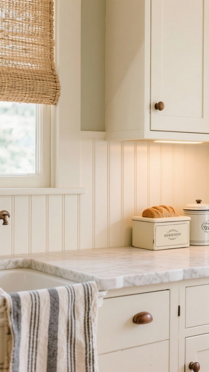 Photorealistic closeup detail of painted cream beadboard backsplash with sealed finish, showing vertical grooves and subtle sheen. Oak shaker cabinet edge with oil-rubbed bronze knob, quiet almond-toned quartz countertop. In frame: a woven shade above and a striped runner below, plus a vintage bread box and enamel canisters on the counter. Warm cottage lighting.