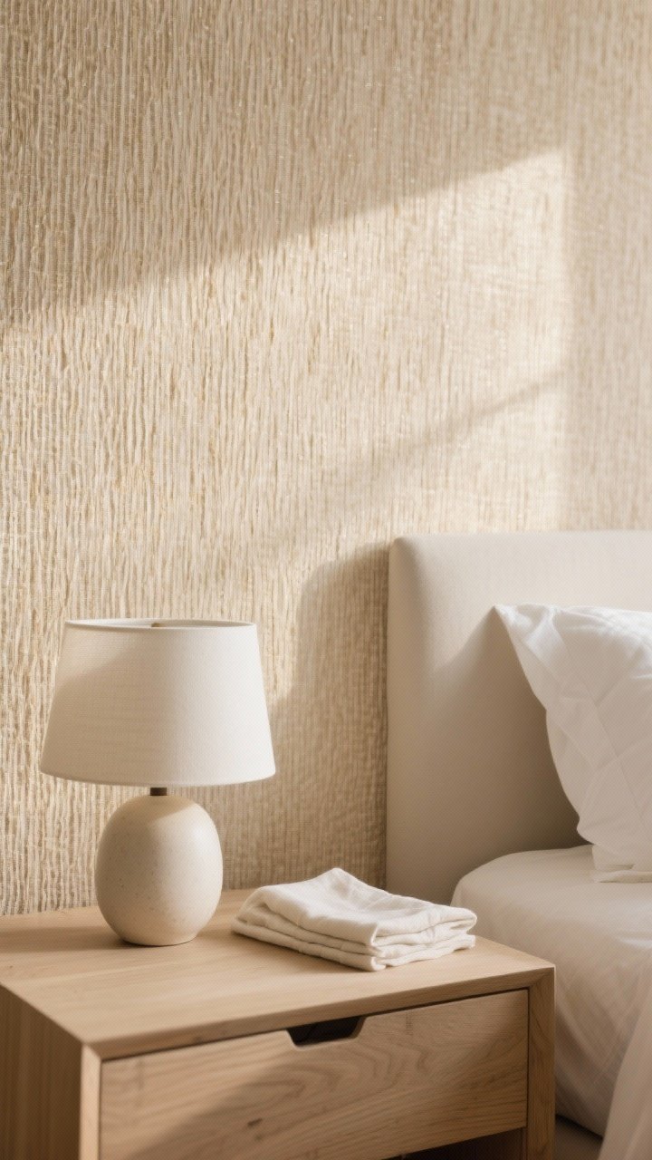 Photorealistic closeup detail of textured neutral wallpaper in a bedroom: natural grasscloth in warm beige with subtle horizontal fibers, bathed in gentle morning light; edge of a pale oak nightstand with a ceramic off-white lamp and a folded linen napkin; serene spa-like mood, shallow depth of field to highlight texture, clean minimal styling.