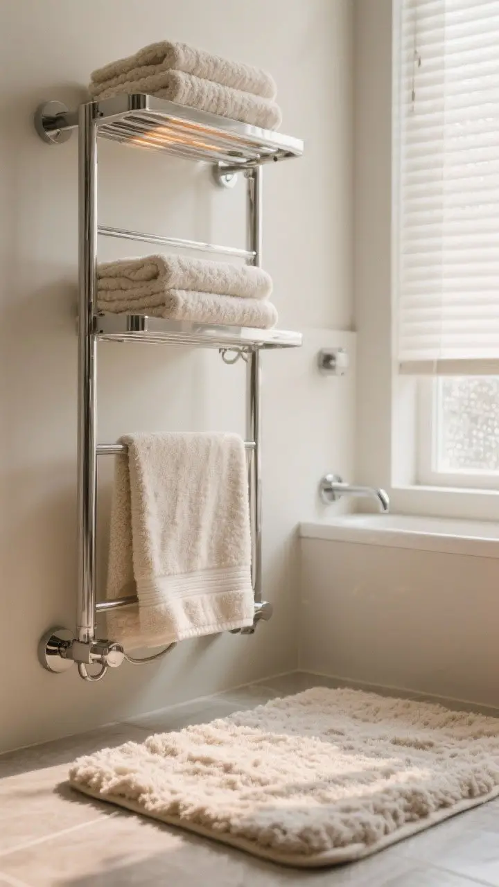 Photorealistic closeup detail of warmth-focused comforts: a chrome or brushed steel heated towel rack with neatly folded cotton loop towels warmed, a plush memory foam bath rug underfoot, and linen window shades with privacy film diffusing sunlight; soft, cozy lighting conveying tactile warmth