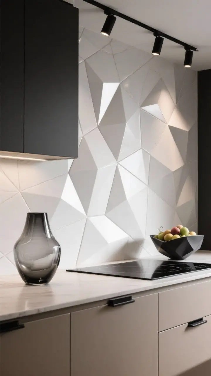 Photorealistic closeup detail shot, dramatic contemporary scene: 3D white geometric backsplash tile (faceted hex/prism) creating strong shadow play, lit by minimal black track or micro spot lighting; edge of slab-front warm greige cabinetry with slim black hardware, a flush induction cooktop nearby; styling includes a smoked glass vase and a sculptural fruit bowl; high-contrast, sculptural mood.