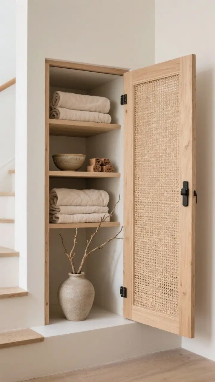 Photorealistic closeup/detail shot of a Japandi linen closet under stairs: rattan-inset doors within pale beech frames, black tab pulls, door slightly open to show shallow shelves lined with flax linen, neatly rolled towels, ceramic bowls with scented cedar blocks; a single dried branch in a stoneware vase on a small ledge; soft, serene daylight emphasizing natural textures.