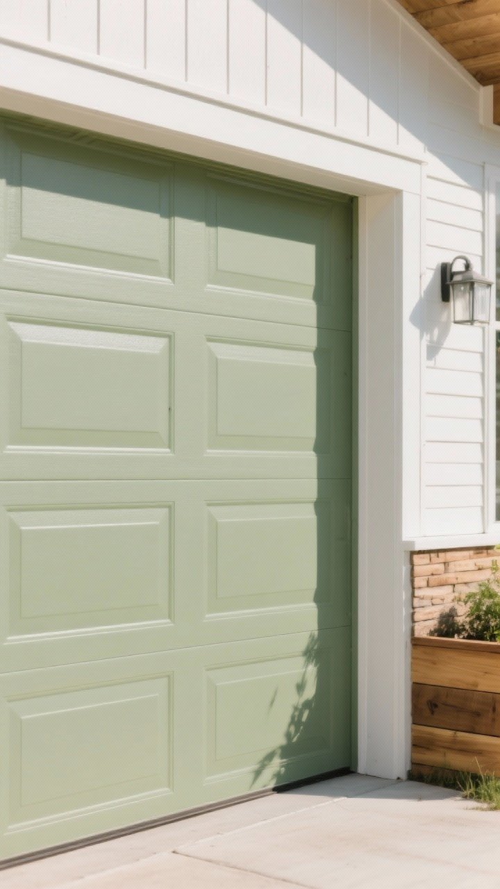 Photorealistic closeup detail shot of a soft sage green garage door panel with matte or satin finish: natural wood slat accent or planter adjacent for texture, gentle natural daylight; sage tone calibrated slightly deeper to handle strong sun; the surface reads earthy and serene with soft shadows; complements white siding and cedar in the background.