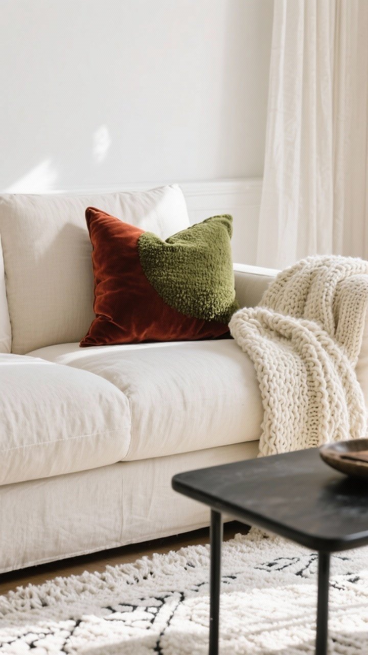 Photorealistic closeup detail shot of layered textures on a neutral linen sofa: cream linen upholstery with a deep rust velvet pillow, a sage green bouclé pillow, and a chunky knit cream throw draped over the arm; behind, soft white walls and light linen curtains; in front, a sleek matte black metal coffee table atop a soft white Moroccan-style rug; natural afternoon light grazing the fabrics to highlight smooth + nubby + woven contrast