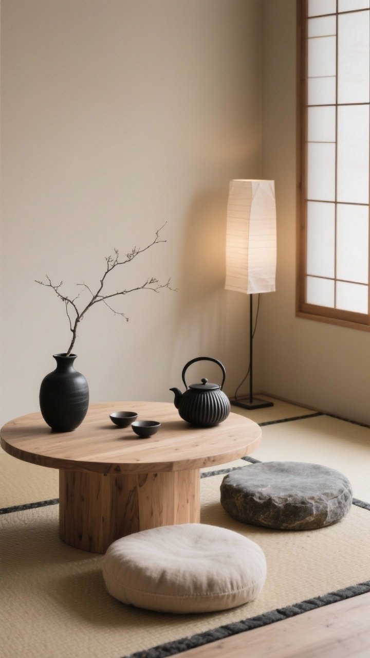 Photorealistic closeup/medium hybrid: a low, serene Japandi tea corner with a tatami-style mat or flat-woven rug; two floor cushions in stone and sand tones; a low round wood tea table with soft rounded edges; minimal decor including a single branch in a black vase and a ribbed ceramic teapot; a slender paper shoji-style floor lamp providing gentle ambient light; natural wood, oatmeal, black ink palette; calm, balanced, wabi-sabi mood.