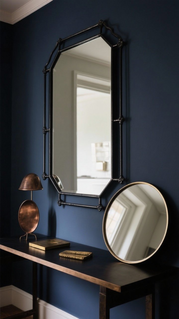 Photorealistic closeup/medium shot of an oversized rectangular mirror with a blackened iron frame above a dark console, reflecting soft ambient light to expand the space. Show alternate shapes nearby (round mirror leaned casually against the wall). Frame finishes include oiled bronze and antique brass samples resting on the console for selection. Low, moody lighting; walls in inky navy; no people.