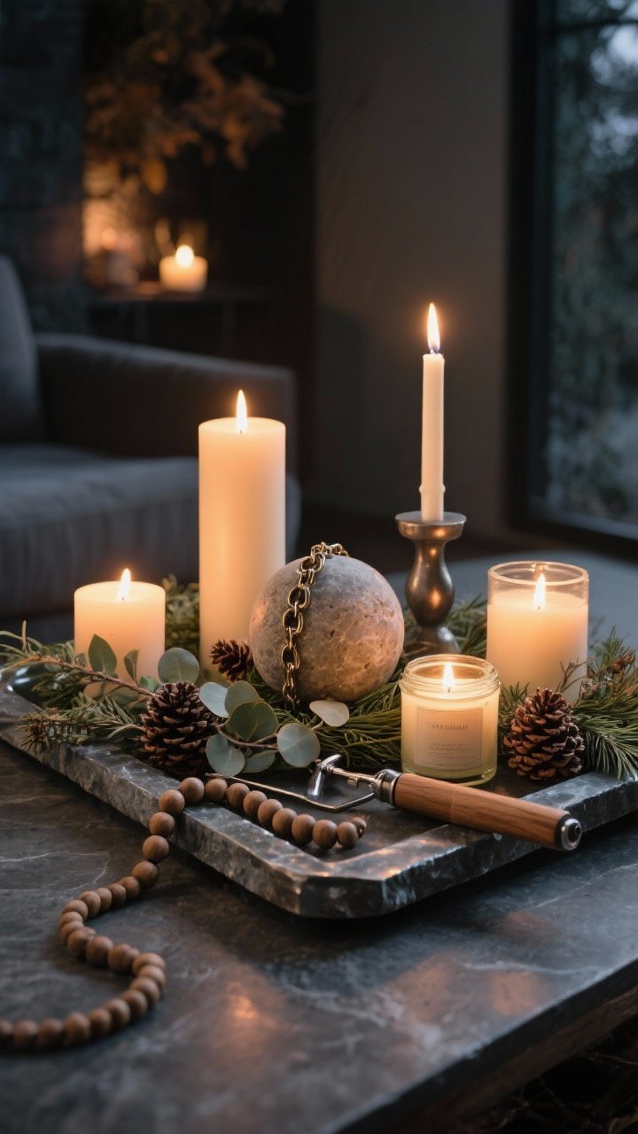 Photorealistic closeup of a cozy candle garden arranged on a heat-safe stone or metal tray; include 3–5 candles in mixed heights (pillars, votives, jar candles), a single sculptural element like a stone orb or chain, natural texture via dried eucalyptus or pinecones or a wood bead strand, and a wick trimmer and snuffer; moody fall/winter evening lighting with layered candle glow; ensure safe spacing between flames and greens.
