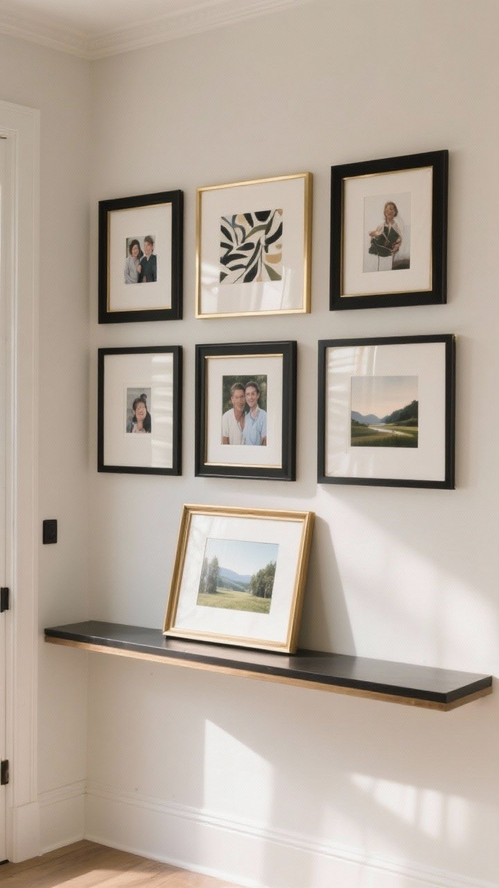 Photorealistic closeup of a mini art moment on a foyer wall: a crisp 3x3 gallery grid of frames mixing black and thin brass finishes, featuring a balanced mix of family photos, abstract art, and landscapes on a soft neutral wall. Include a console edge with a leaned large frame layered in front of a smaller one for depth. Soft natural light, tight framing on the art composition.