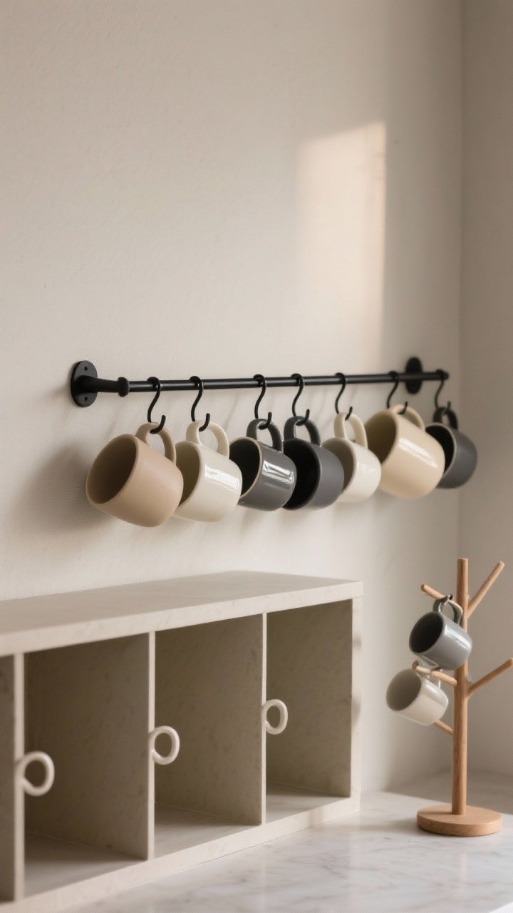 Photorealistic closeup of a mug display: a matte black metal rail with S-hooks holding 6–8 mugs in a curated color story (matte sand, glossy cream, charcoal), mixing matte ceramics with glossy finishes. Background is a neutral wall; open cubbies below keep handles aligned; a compact mug tree sits to one side. Soft side light highlights texture and sheen contrast, straight-on shot.
