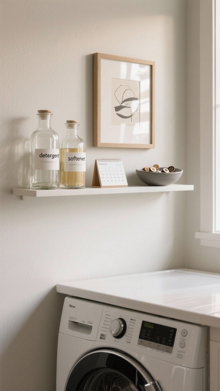Photorealistic closeup of a slim wall-mounted picture ledge above a washer/dryer: neatly styled apothecary bottles labeled “detergent” and “softener,” a small framed art print, a mini paper calendar, and a matte ceramic dish holding coins and buttons; neutral palette to avoid competing with surroundings; gentle side lighting highlighting glass and ceramic textures; clean, polished presentation.