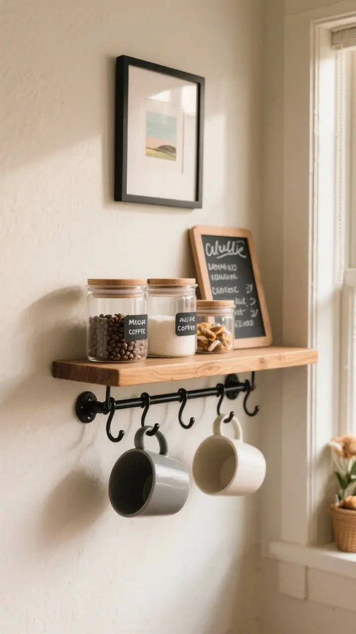 Photorealistic closeup of a wall-mounted coffee nook: a small wood shelf with black hooks beneath. Mugs hang on hooks; clear labeled canisters of beans, sugar, and treats line the shelf; a tiny art print above. Add a mini chalkboard menu with hand-lettered weekly brews. Warm morning window light grazing the textures; matte black hardware for contrast.