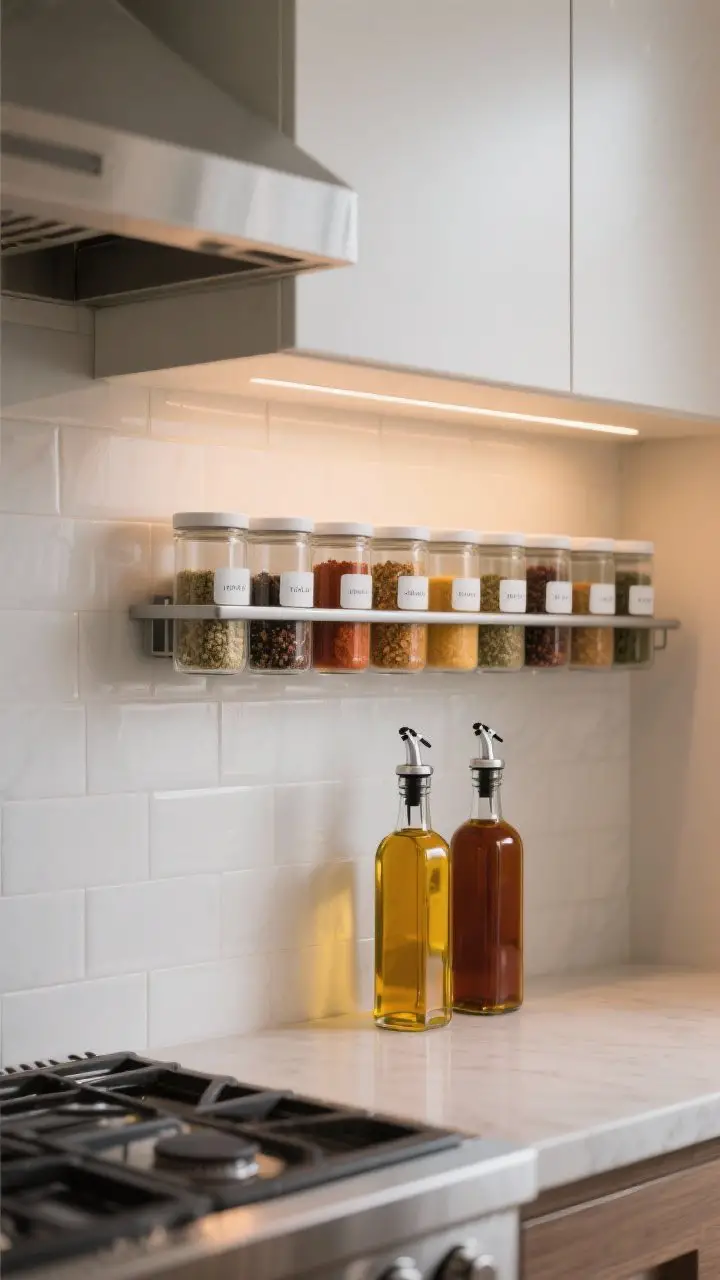Photorealistic closeup of a wall-mounted spice display near the stove: slim rail-and-shelf system with uniform glass jars, matching lids, minimalist white labels. Spices arranged in a pleasing color gradient; nearby amber glass bottles for oils and vinegars. Warm task lighting from under-cabinet illumination, clean tile backdrop, tight composition emphasizing order and color.