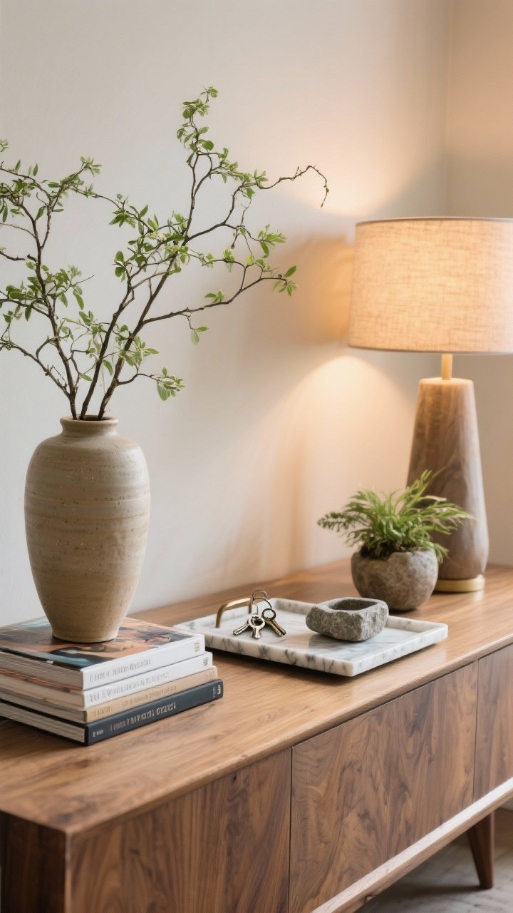 Photorealistic closeup of styled console surfaces using the three-thing formula: a tall ceramic vase with airy green branches for height, a horizontal stack of art books topped with a marble tray corralling keys and a stone catchall, and a small living plant adding texture. Asymmetrical arrangement with varied heights and shapes, warm lamp glow, fine-grain wood console texture in focus.