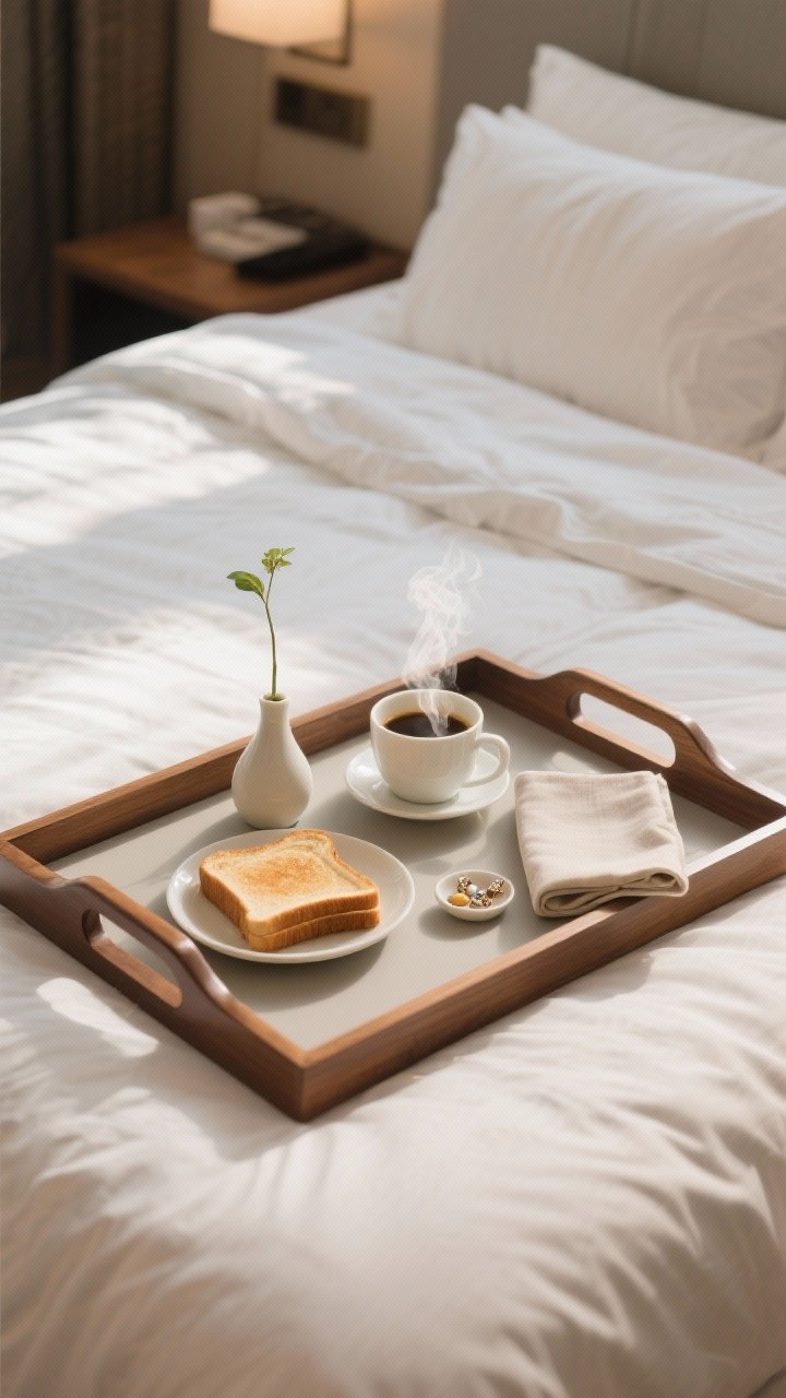 Photorealistic closeup, overhead view of a breakfast-in-bed setup on a neatly made bed; low-profile tray with handles and a wipeable surface holds a steaming coffee, toast on a small plate, a mini vase with a single stem for boutique-hotel energy, a folded linen napkin adding texture, and a small dish for jewelry or vitamins; soft morning light filtering across crisp bedding, muted palette with warm wood or lacquer tray, emphasis on cozy, functional luxury.