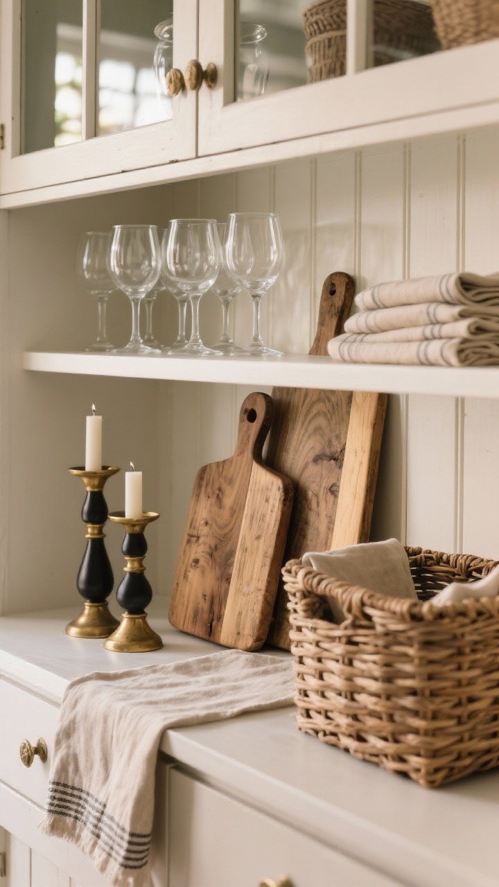 Photorealistic closeup showcasing mixed materials for texture and warmth inside a hutch. Include: clear glass stemware in front of upright wood cutting boards, a woven basket for storage, brass or matte black candleholders, and neatly folded linen napkins with a small runner on a shelf edge. Add one rustic vintage cutting board to balance perfection. Focus on tactile textures—wood grain, basket weave, linen fiber, glass reflections. Warm afternoon light, tight crop on materials.