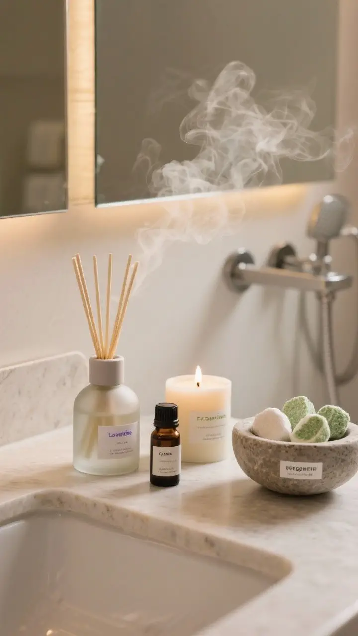 Photorealistic closeup vignette of a calming scent ritual on a vanity: a matte glass reed diffuser, a minimalist essential oil diffuser emitting a gentle mist, a single non-toxic candle near the sink, and a few shower steamers in a small stone bowl; scents suggested by labels—lavender, eucalyptus, cedar, bergamot; clean, intentional arrangement with warm ambient light