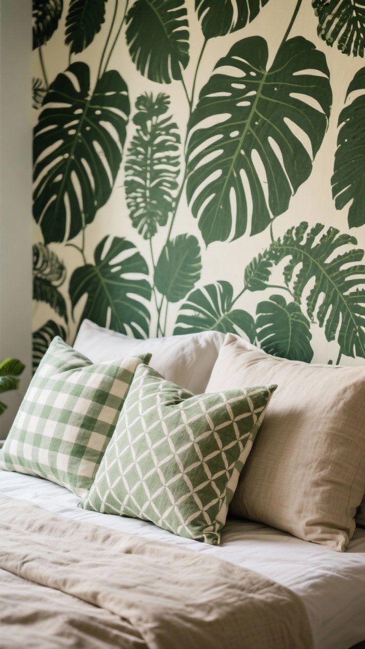 Photorealistic closeup vignette showing pattern-on-pattern styling: large leaf wallpaper in deep green and cream as background; pillows layered in tiny sage-and-cream gingham and a medium-scale geometric, plus a solid natural linen duvet; tight three-color palette; soft ambient light; shallow depth of field to highlight harmonious pattern scale.