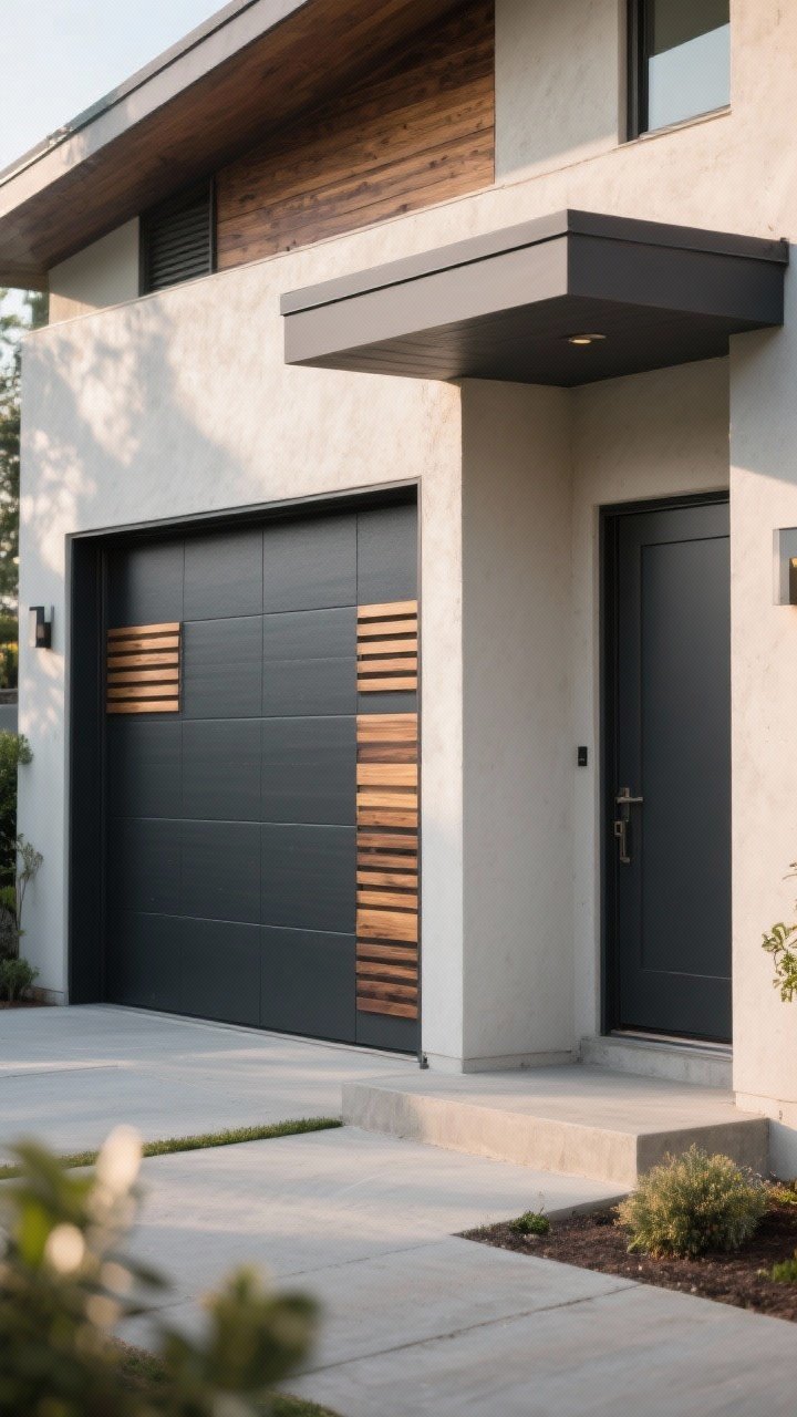 Photorealistic corner-angle exterior shot of a deep graphite garage door with wood accents: cedar battens or slatted panels integrated, graphite color-matched on a nearby side door; UV-protected real wood with natural luster; minimalist landscaping, concrete or stucco surroundings; late afternoon light for modern luxe, high-end contrast.