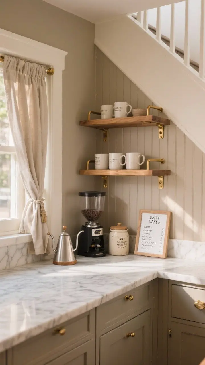 Photorealistic corner-angle medium shot of a cozy coffee station under stairs: beadboard painted warm greige, marble-look quartz countertop, open wood shelves with brass brackets, grinder and extra mugs hidden behind a linen café curtain, gooseneck kettle, ceramic canisters, tiny framed menu board listing daily brew; warm morning light; welcoming café vibe.