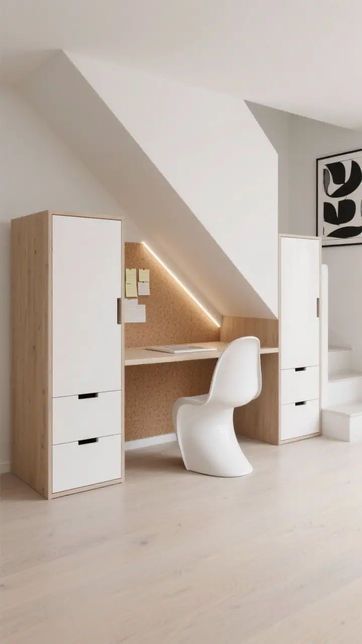 Photorealistic corner-angle medium shot of a minimalist home office tucked under stairs: two slim pocket-style drawer towers bracketing a floating desk that follows the stair slope, white lacquer drawer fronts with pale oak sides and integrated pulls, a frameless cork panel filling the riser space for notes, a single linear LED under-stair for focused task light, sculptural white chair, small black-and-white abstract print on wall; crisp, calm, uncluttered scene.