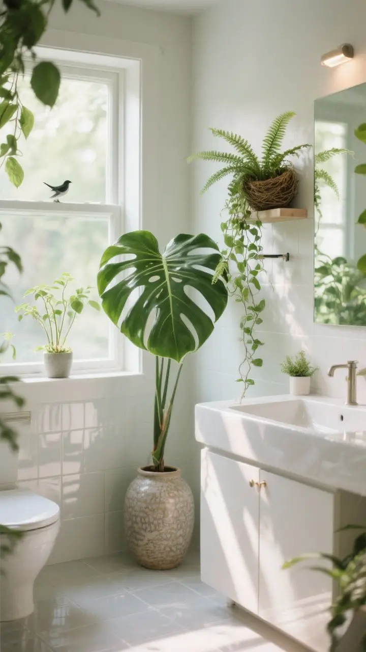 Photorealistic corner medium shot of a bright bathroom vignette filled with greenery: a monstera near a window, a bird’s nest fern on a ledge, and trailing ivy on a shelf. Include humidity-friendly details like a small grow light if the window is minimal, or realistic faux stems in a textured ceramic vase on the vanity. Soft natural daylight with gentle highlights on glossy tile; fresh, calming atmosphere.