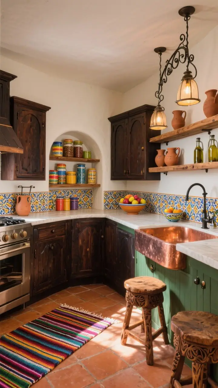 Photorealistic corner wide shot of a Spanish Revival kitchen: dark wood cabinets with arched details, hand-painted Talavera tile backsplash, terracotta floors; wrought-iron hardware, curvy lantern pendants casting warm glow; open wood shelving with clay pitchers and olive oil tins; striped serape runner across floor; an arched niche filled with spice jars in rainbow rows; ceramic fruit bowl, hammered copper sink, carved wood stools; sun-drenched, rich colors
