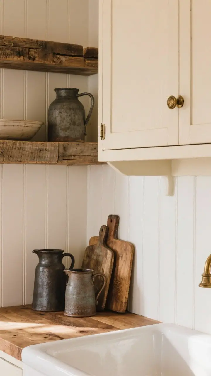 Photorealistic detail closeup, farmhouse vignette: vertical beadboard backsplash painted satin white running up to the bottom of chunky reclaimed-wood shelves, creamy shaker cabinet edge and antique brass cup pull in frame, apron-front sink rim visible, butcher block counter surface; styled with ironstone pitchers and vintage cutting boards; warm, cozy lighting with gentle shadows enhancing beadboard texture.
