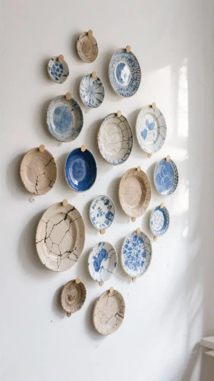 Photorealistic detail closeup of a plate wall: an artful cluster of handmade ceramics mixed with blue-and-white flea-market finds, hung with invisible adhesive discs. Start dense at center and scatter outward for movement. Emphasize glazes and textures, earthy neutrals with blue accents. Gentle side lighting reveals surface crackle and brushwork; crisp white wall backdrop.